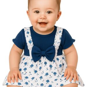 Baby Girl Floral Dress Set with Headband – Pink Ribbed Top with White Rose Print Suspender Skirt & Matching Bow – Soft Cotton Infant Outfit Use