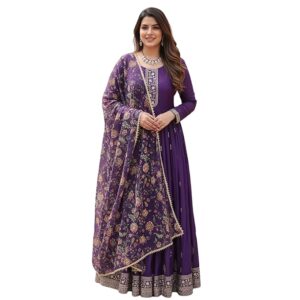 Embroidered Georgette Anarkali Gown for Women | Purple Geetanjali Long Stitched Gown with Dupatta | Full Sleeve Anarkali Dress & 2m Lace Border Dupatta | GW-DF-1-Geetanjali