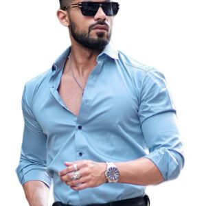 IndoPrimo Men's Satin Shirt with Spread Collar Neck Line Solid Pattern Full Sleeves Regular Fit Western Style and Standard Length