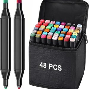 48 Pcs Dual Tip Alcohol Markers Set, Non-Toxic Art Supplies For Kids & Adults, Books Pen With Carry Case Set Colour Broad Drawing Sketching (48), Multicolor
