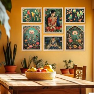 kotart Traditional Indian Wall Art Madhubani Paintings for Living Room Framed Wall Painting for Home Room Bedroom Office Wall Décor Pichwai Art Painting for Wall Decoration Wall Poster With frames Wall Paintings For Home Decoration Indian Wall Art Home Decor Frames Set of 6 Size - 10x13 inch or 13x17 inch (Art 9)