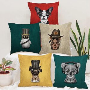STITCHNEST Set of 5 Jute Cushion Covers – 18x18 Inches – Funky Animal Cartoon Prints with Glasses & Hats – Cool Decorative Cushion Covers for Sofa & Kids Room Brand: STITCHNEST